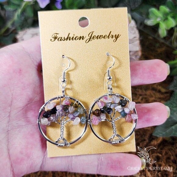 Watermelon Tourmaline Tree of Life Earrings #14 - Picture 2 of 2